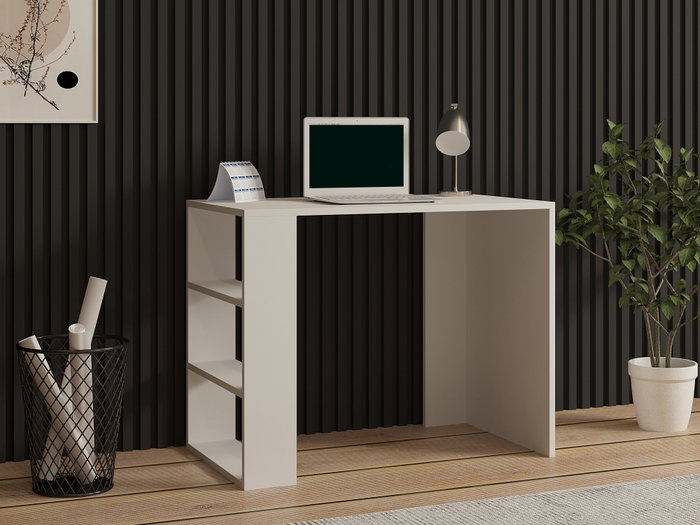 Hanah Home Mesa de Estudio Escandinava Blanca con Numerosos Estantes, 90x50x70 cm, Tablero Melamina 18mm